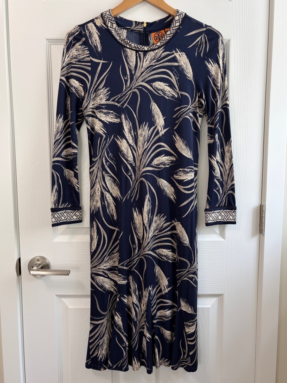 Tory Burch Navy and Cream Botanical Print Midi Dress
